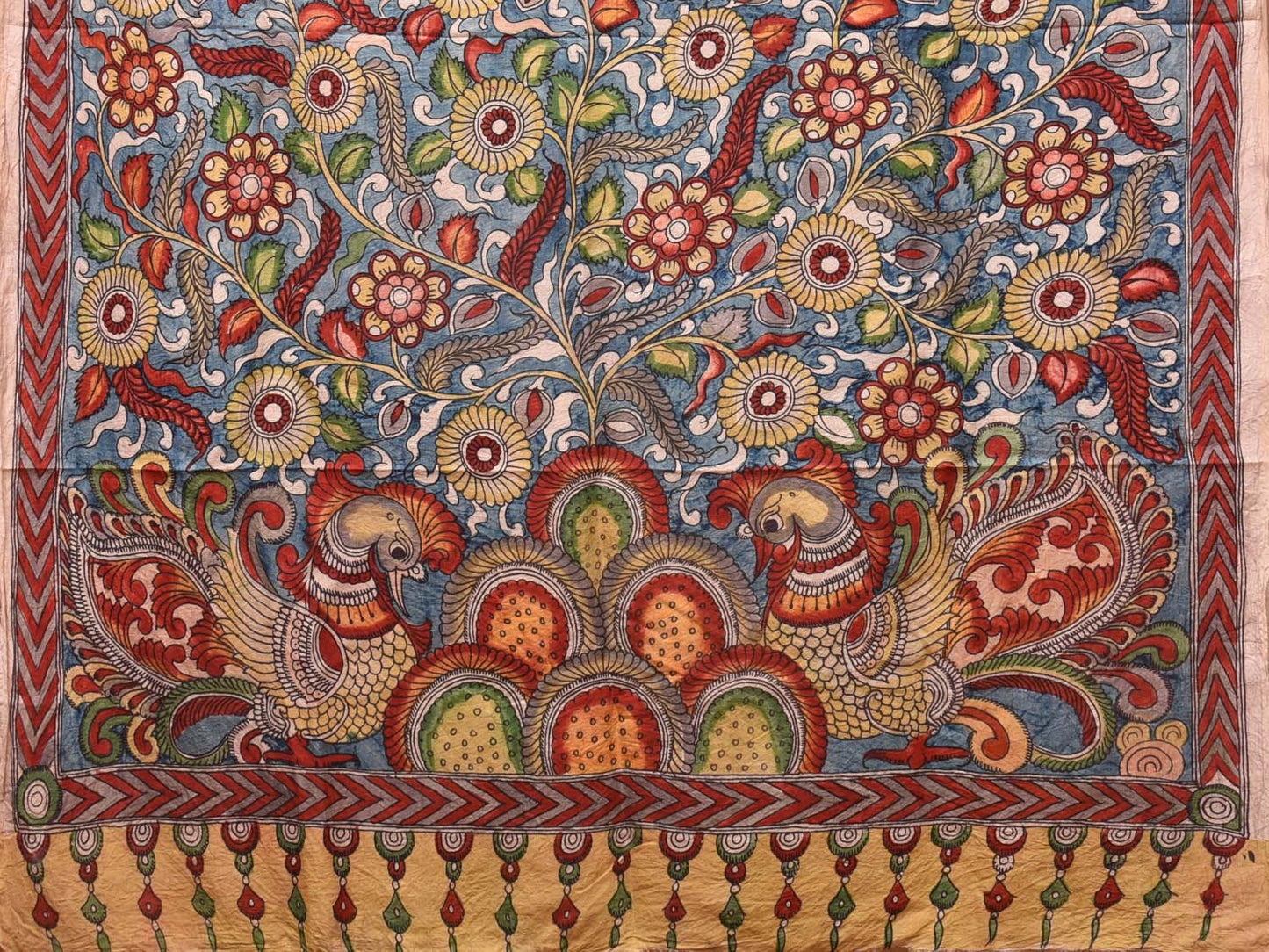 Yellow and Blue Kalamkari Silk Handloom Saree with Floral and Peacocks Pallu Design KL0746