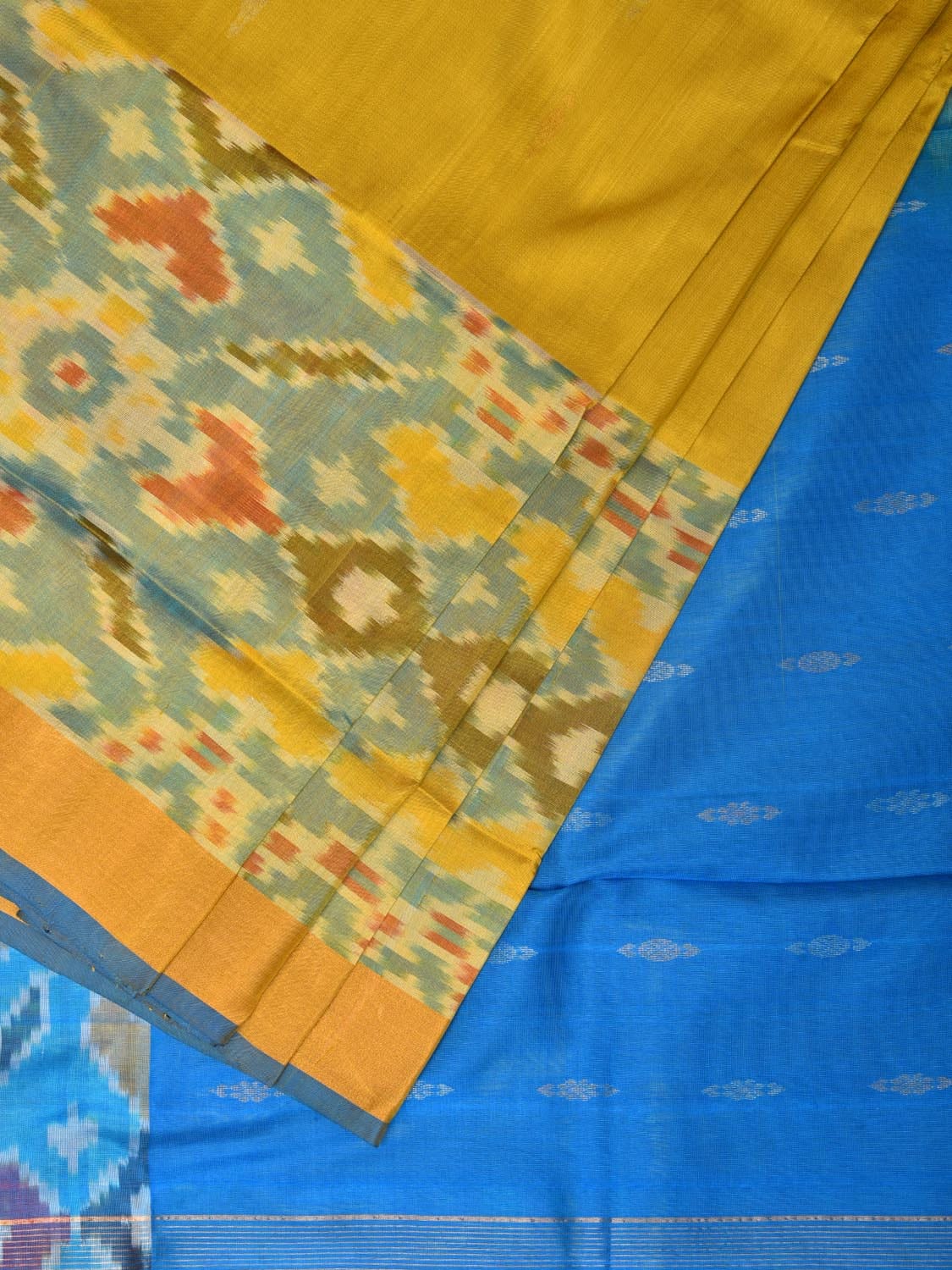 Yellow and Blue Uppada Silk Handloom Saree with Buta and Ikat Border Design u2098
