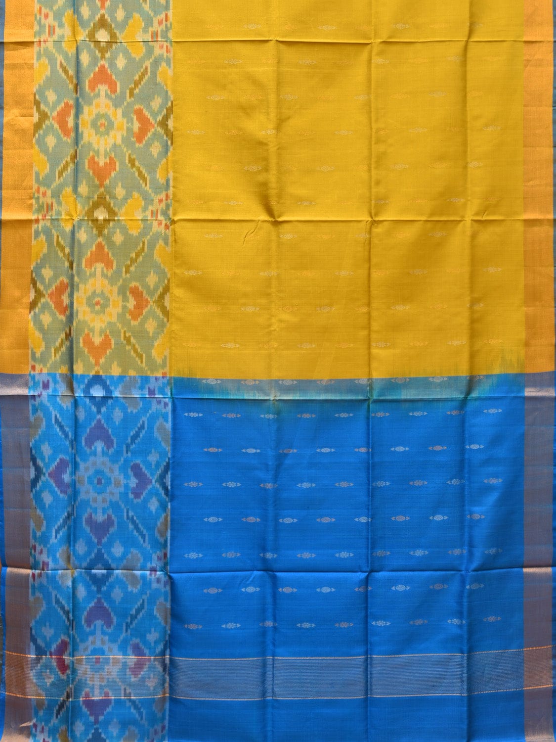 Yellow and Blue Uppada Silk Handloom Saree with Buta and Ikat Border Design u2098