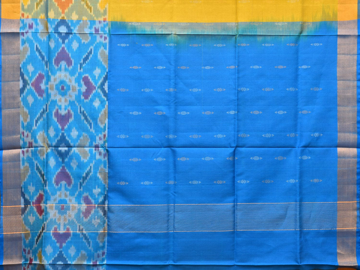Yellow and Blue Uppada Silk Handloom Saree with Buta and Ikat Border Design u2098