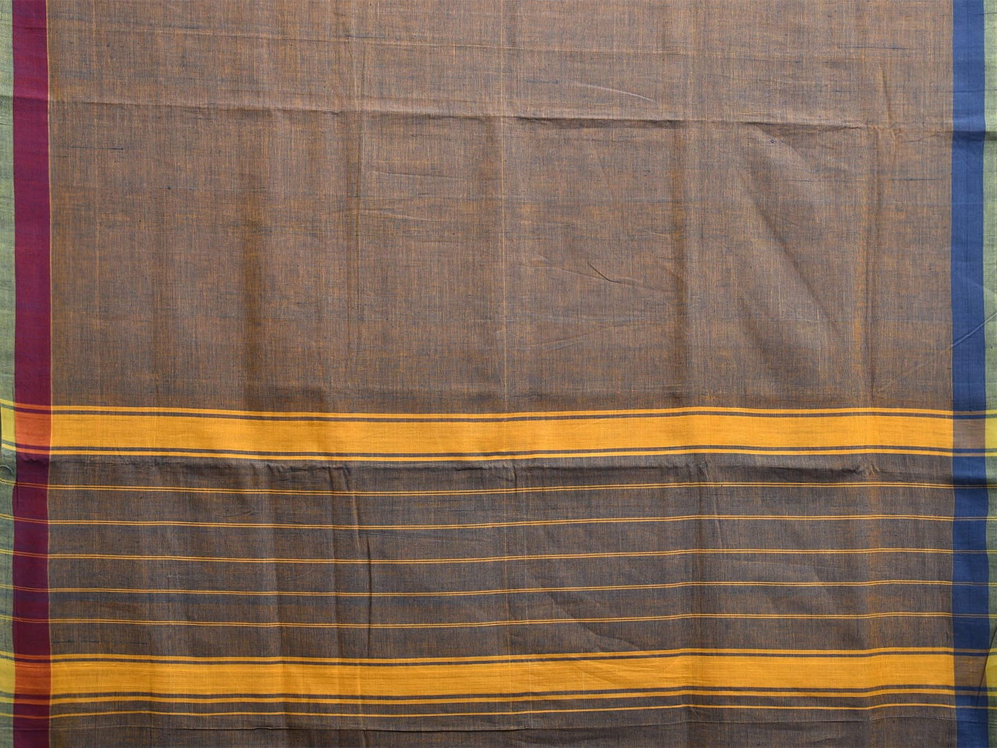 Yellow and Blue Venkatagiri Cotton Plain Saree with Strips Pallu and Ganga-Jamuna Border Design v0095