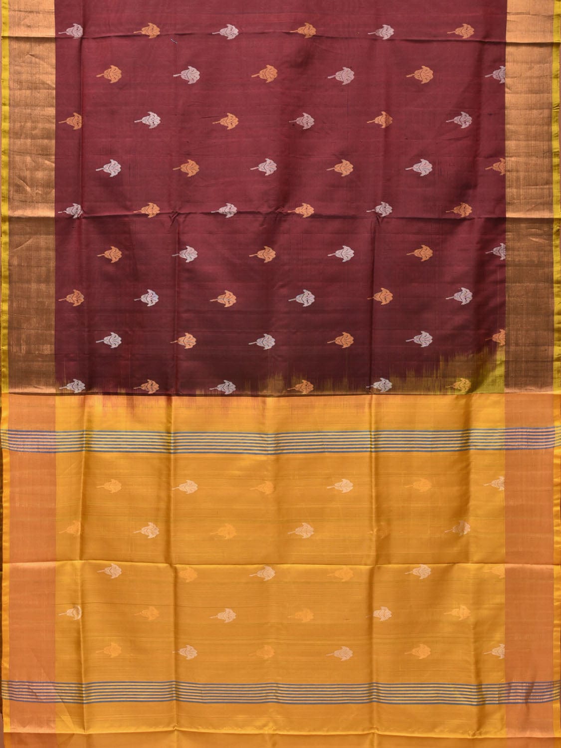 Yellow and Brown Uppada Silk Handloom Saree with Body Buta Design u2026