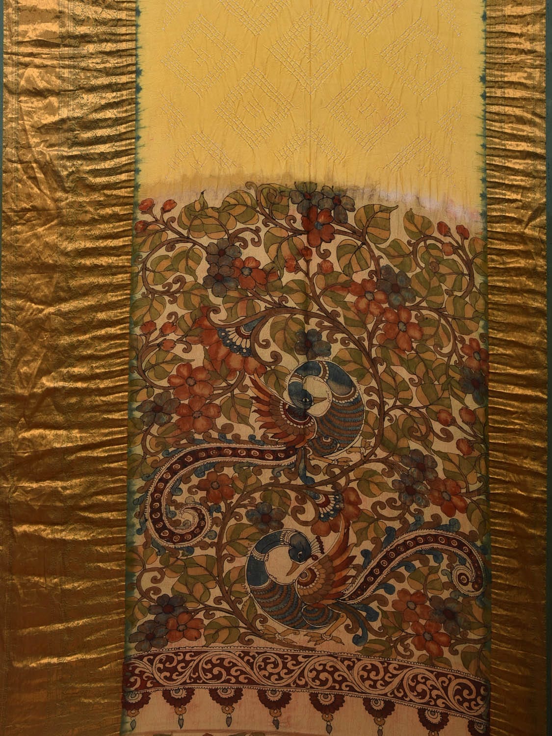 Yellow and Cream Bandhani Kanchipuram Silk Handloom Saree with Kalamkari Pallu and Blouse Design bn0447