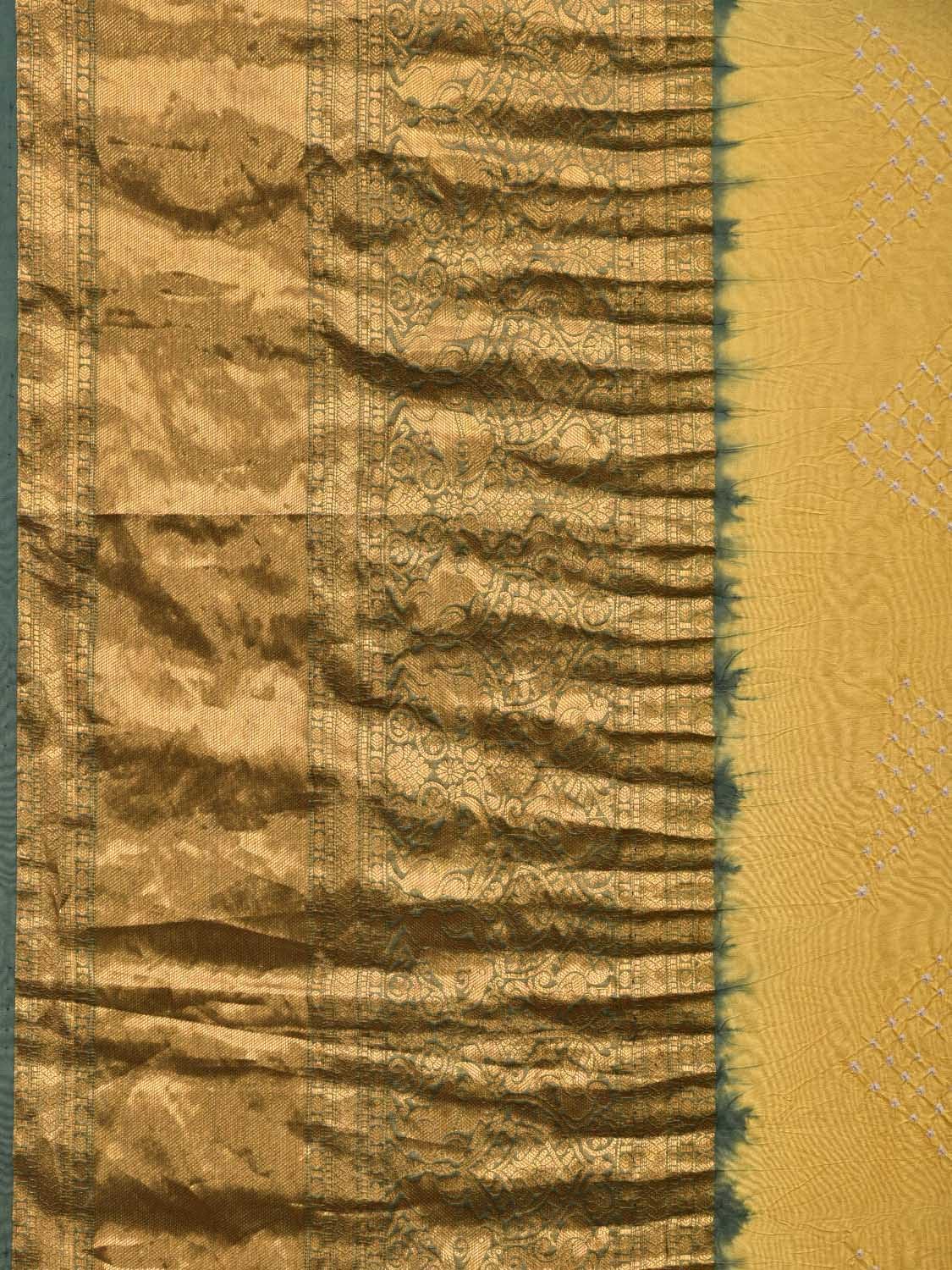 Yellow and Cream Bandhani Kanchipuram Silk Handloom Saree with Kalamkari Pallu and Blouse Design bn0447