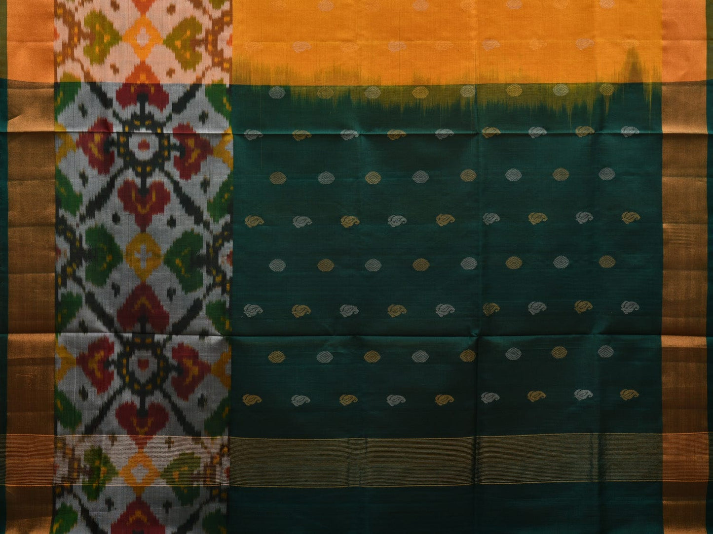Yellow and Dark Green Uppada Silk Handloom Saree with Border Ikat and Buta Design u1853