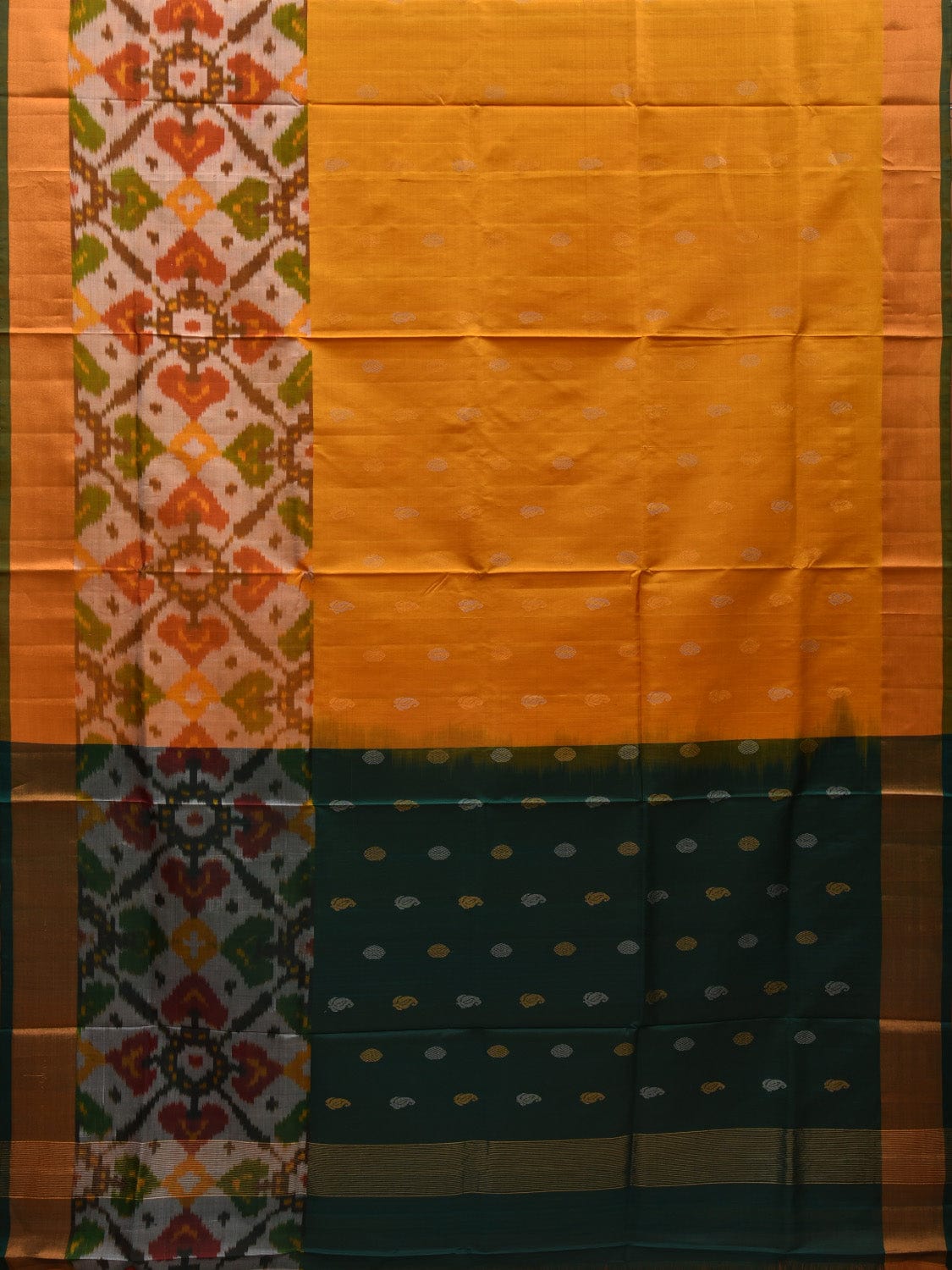Yellow and Dark Green Uppada Silk Handloom Saree with Border Ikat and Buta Design u1853