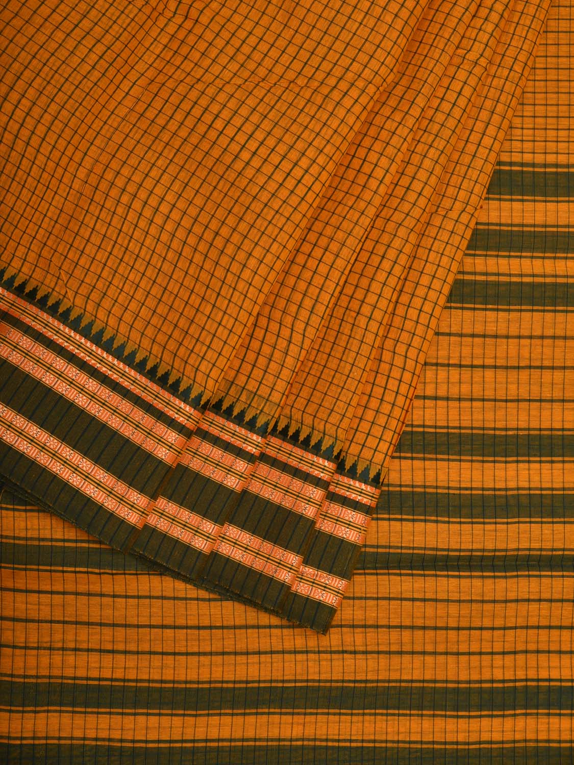 Yellow and Green Bamboo Cotton Saree with Checks Design bc0076