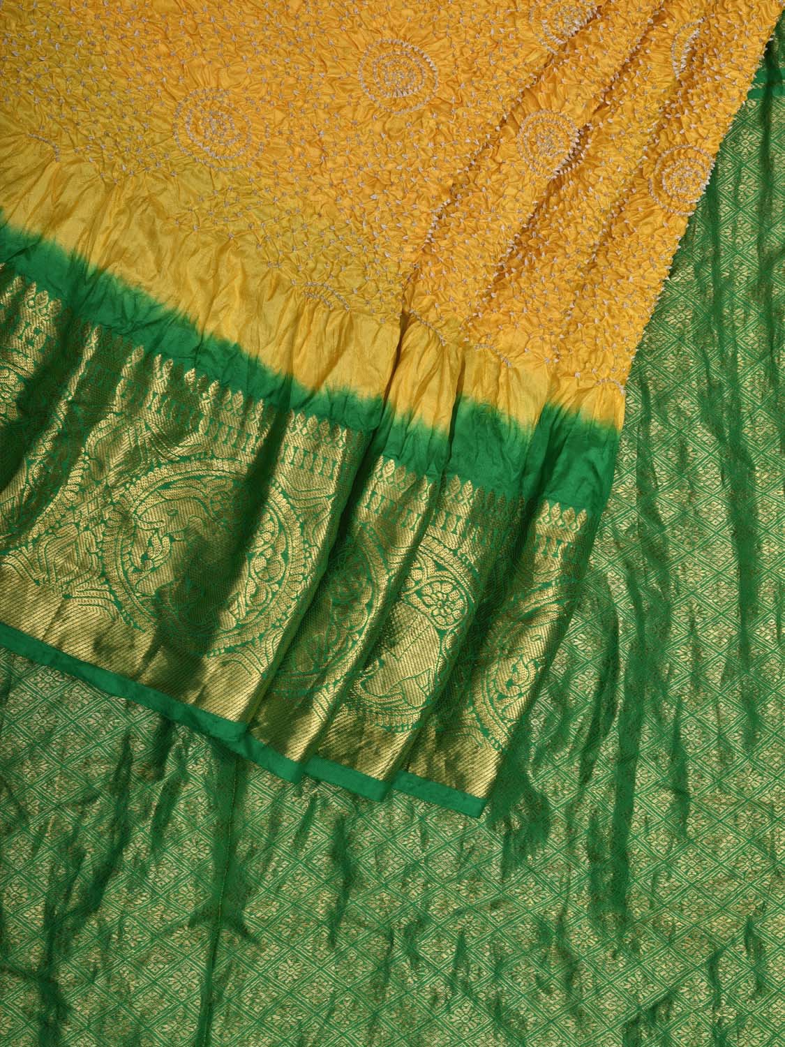 Yellow and Green Bandhani Kanchipuram Silk Handloom Saree with Border Design bn0441