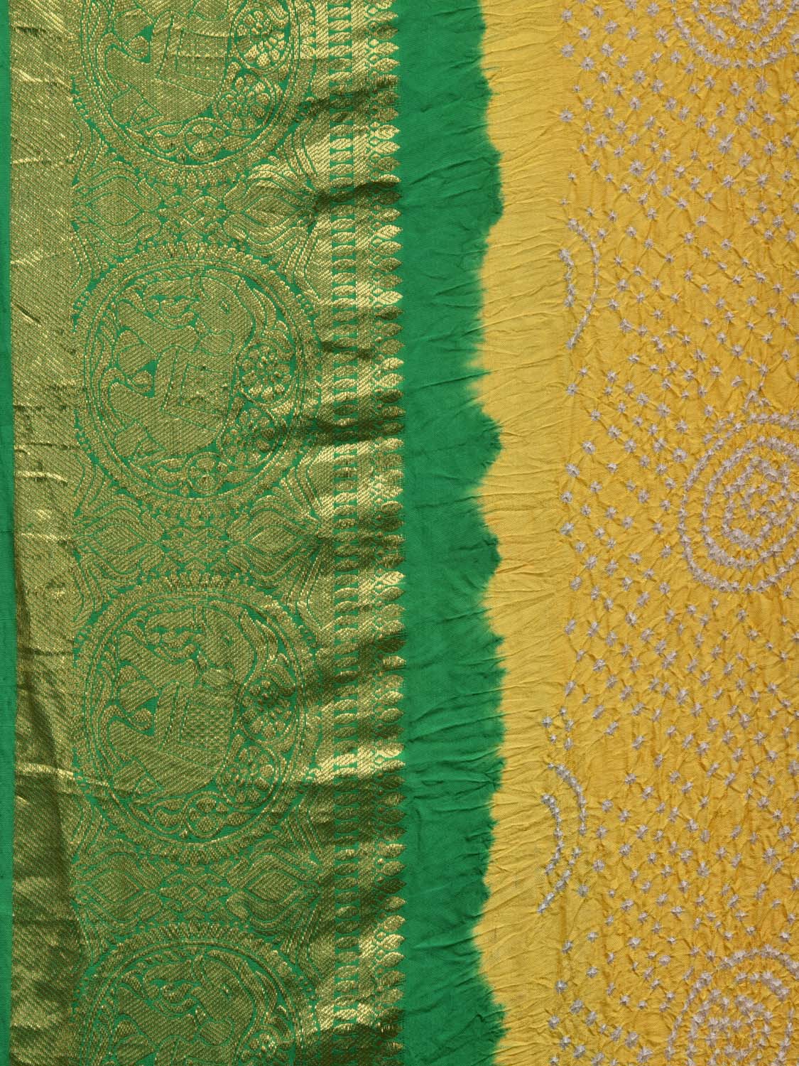 Yellow and Green Bandhani Kanchipuram Silk Handloom Saree with Border Design bn0441