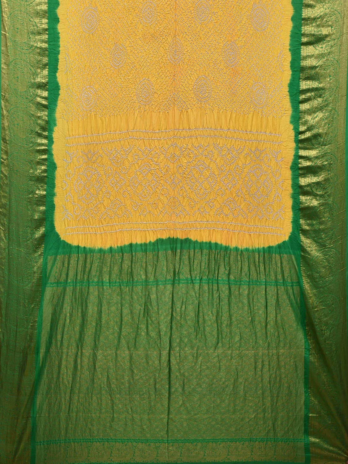 Yellow and Green Bandhani Kanchipuram Silk Handloom Saree with Border Design bn0441
