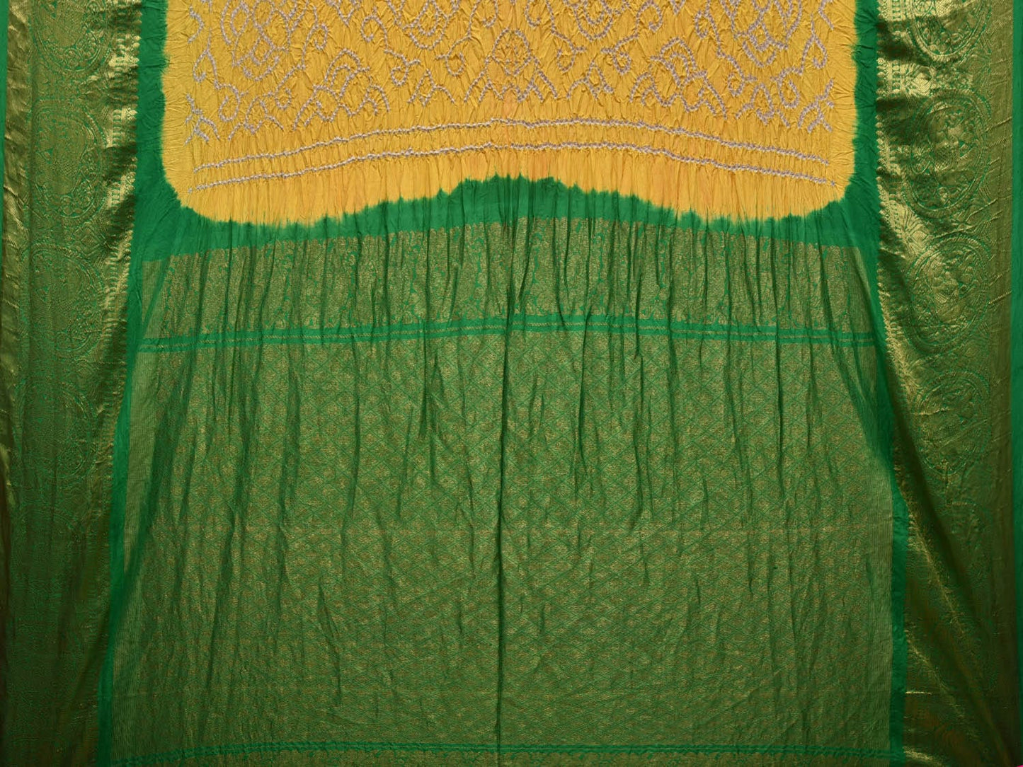 Yellow and Green Bandhani Kanchipuram Silk Handloom Saree with Border Design bn0441