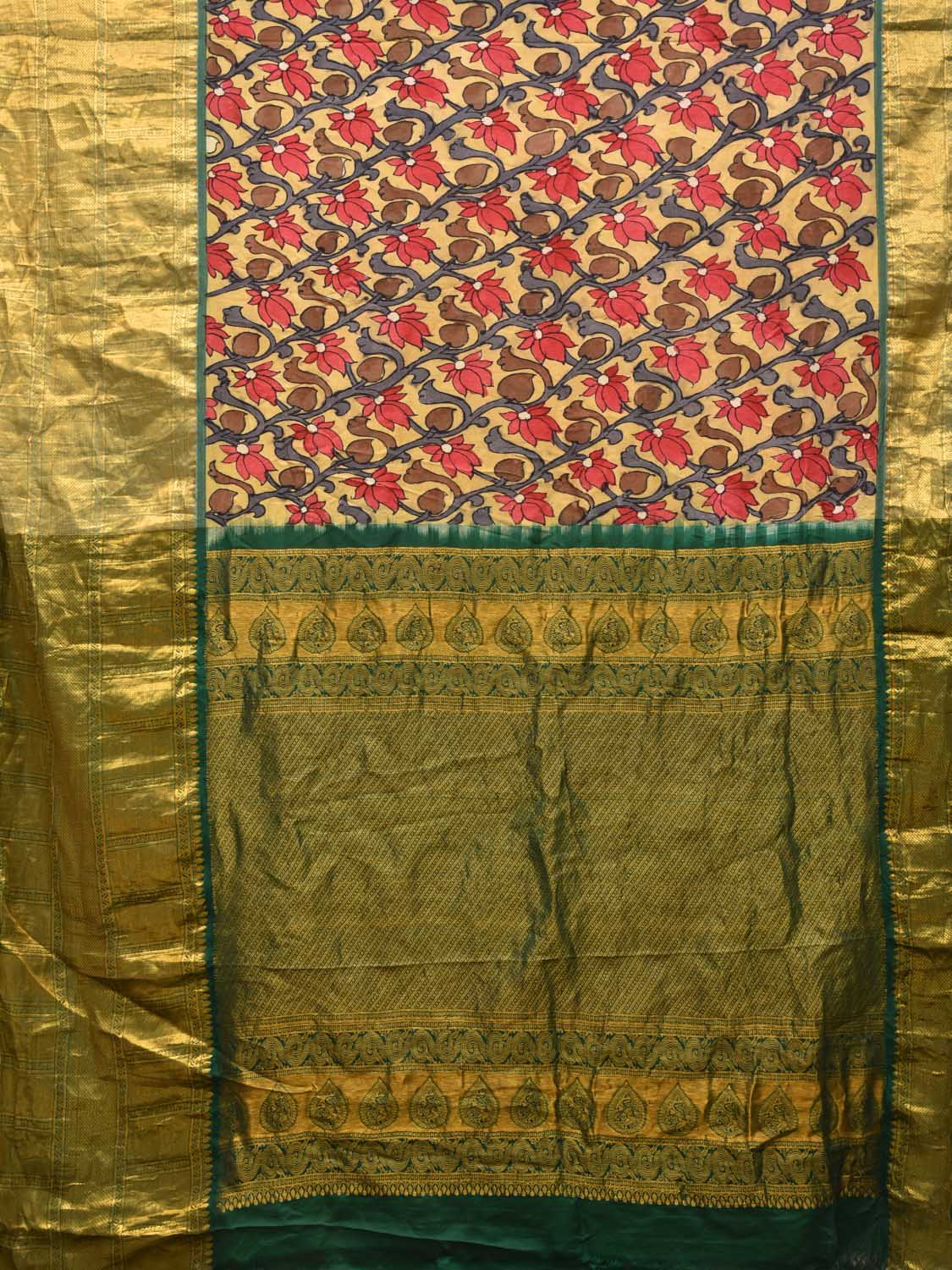 Yellow and Green Kalamkari Hand Painted Kanchipuram Silk Handloom Saree with Lotus Flowers Design KL0477