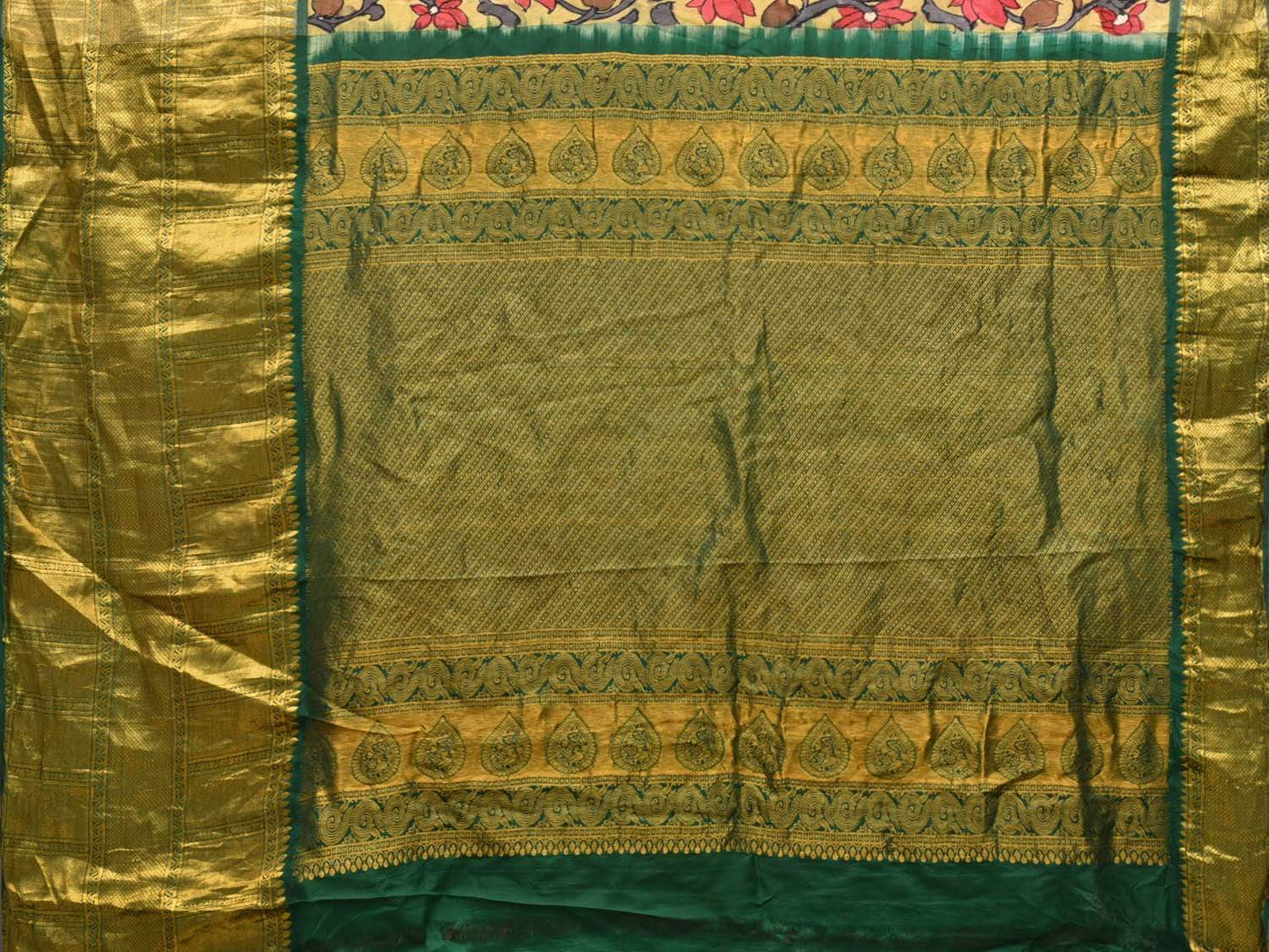 Yellow and Green Kalamkari Hand Painted Kanchipuram Silk Handloom Saree with Lotus Flowers Design KL0477