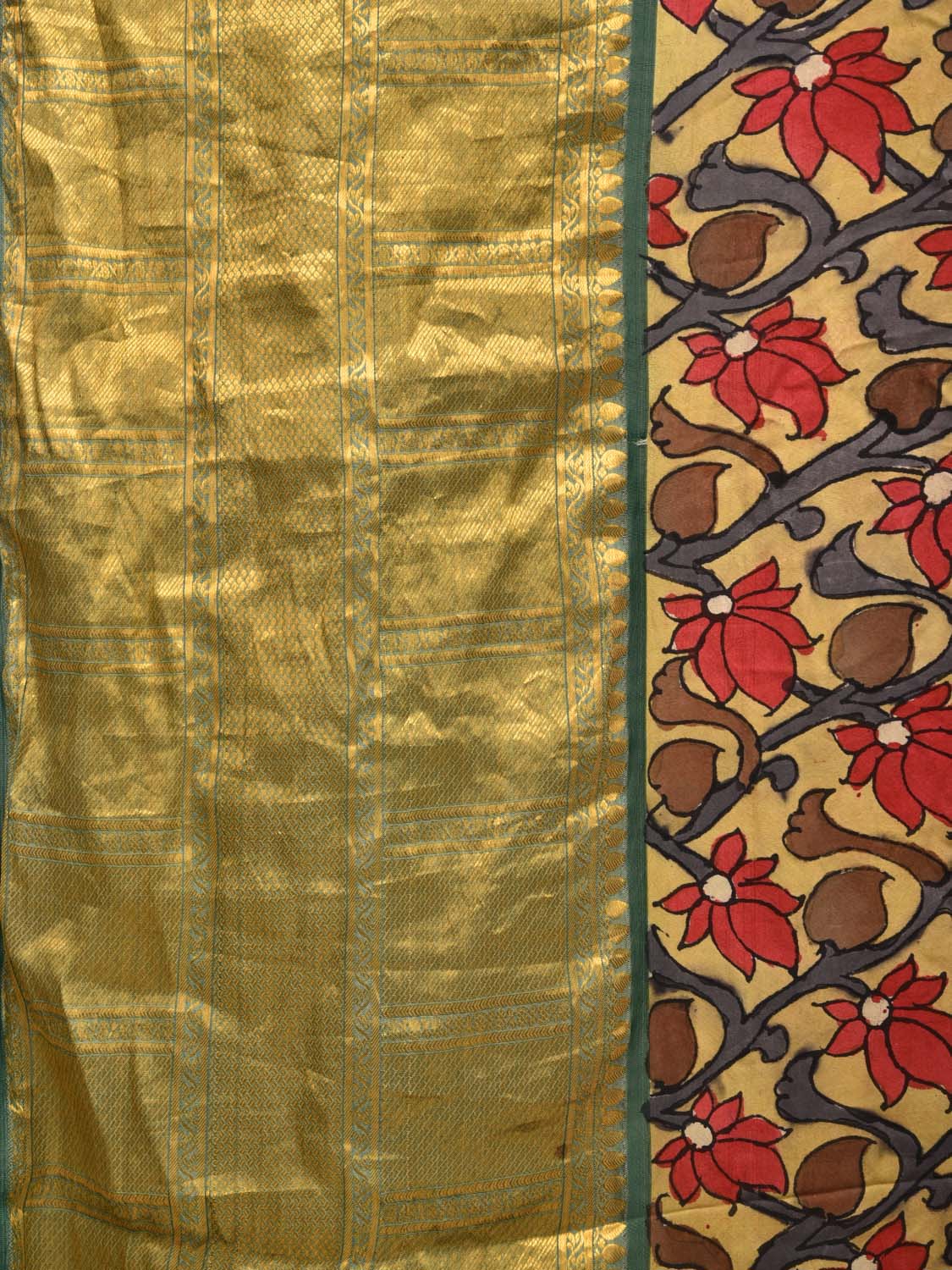 Yellow and Green Kalamkari Hand Painted Kanchipuram Silk Handloom Saree with Lotus Flowers Design KL0477