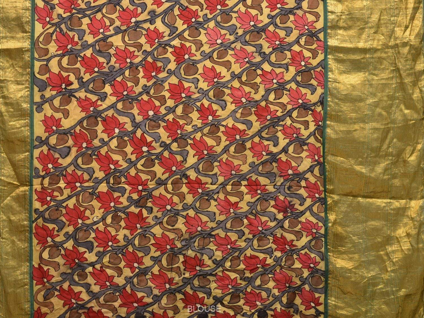 Yellow and Green Kalamkari Hand Painted Kanchipuram Silk Handloom Saree with Lotus Flowers Design KL0477