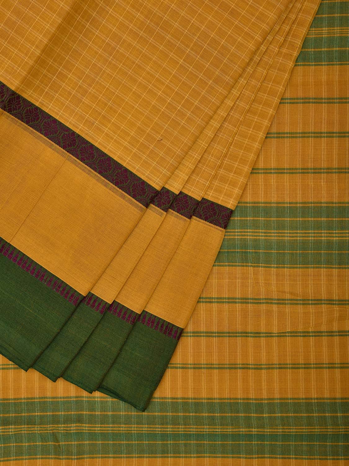 Yellow and Green Narayanpet Cotton Handloom Saree with Checks Design and Big Border No Blouse np1023