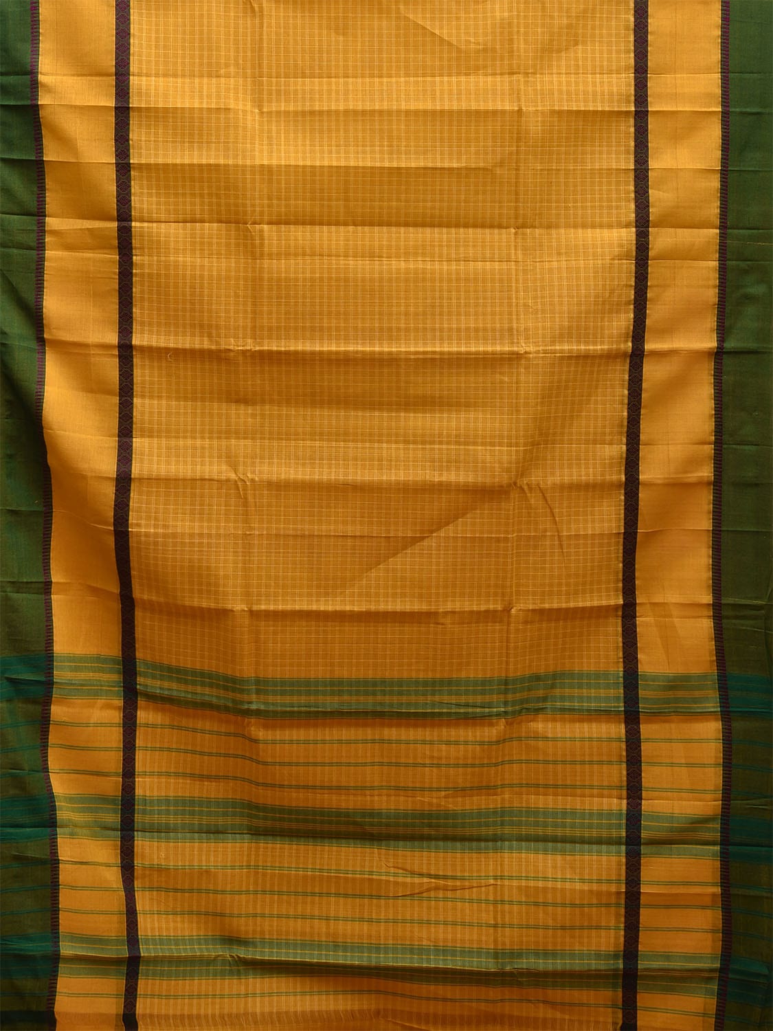 Yellow and Green Narayanpet Cotton Handloom Saree with Checks Design and Big Border No Blouse np1023