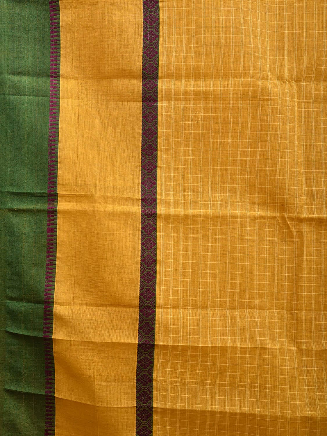 Yellow and Green Narayanpet Cotton Handloom Saree with Checks Design and Big Border No Blouse np1023