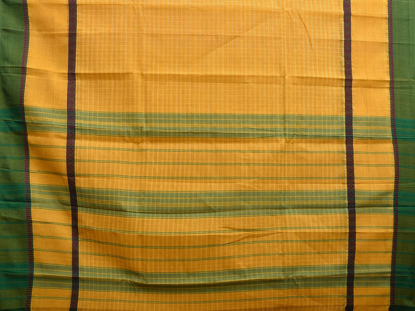 Yellow and Green Narayanpet Cotton Handloom Saree with Checks Design and Big Border No Blouse np1023