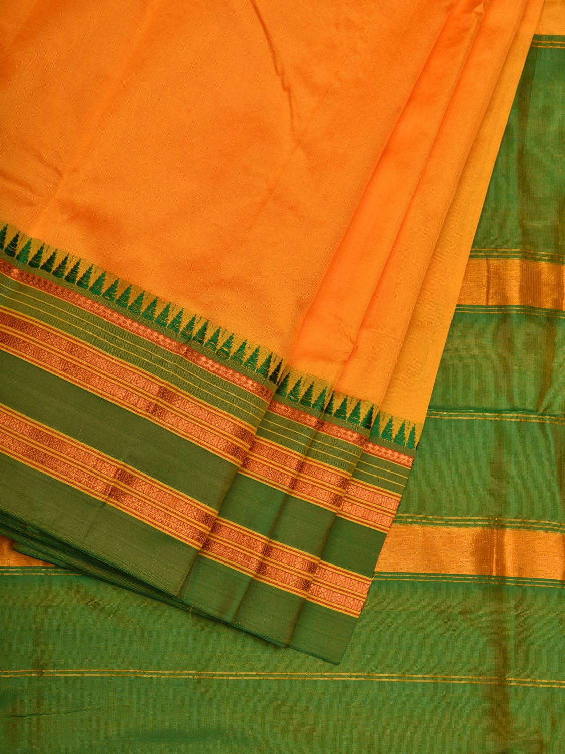 Yellow and Green Narayanpet Silk Handloom Plain Saree with Traditional Border Design No Blouse np0554