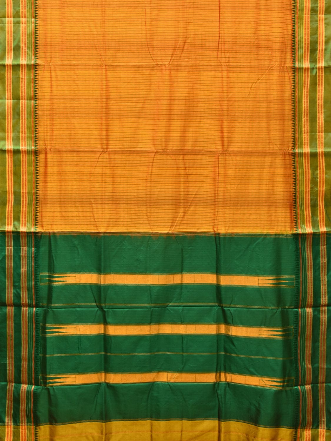 Yellow and Green Narayanpet Silk Handloom Saree with Checks Design No Blouse np0764