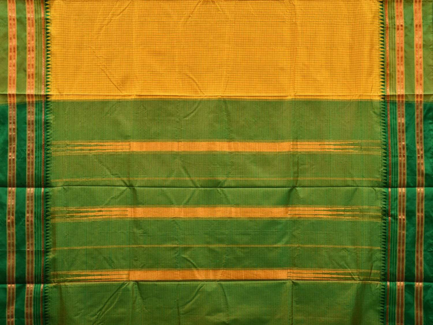 Yellow and Green Narayanpet Silk Saree with Checks Design No Blouse np0495