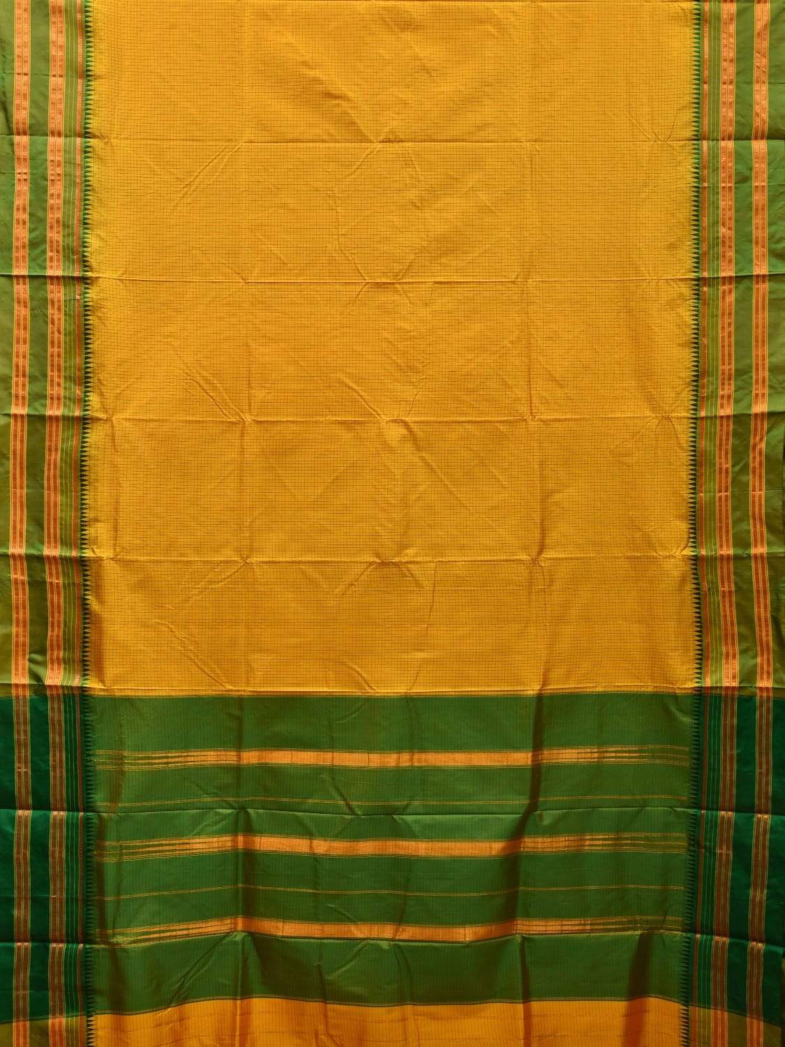 Yellow and Green Narayanpet Silk Saree with Checks Design No Blouse np0495