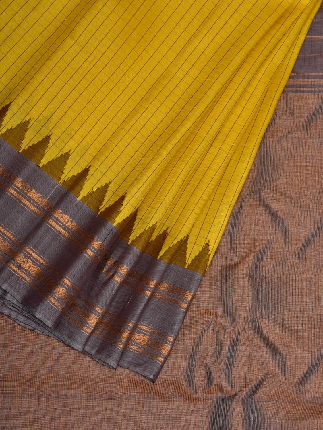 Yellow and Grey Gadwal Silk Handloom Saree with Checks and Temple Border Design g0328