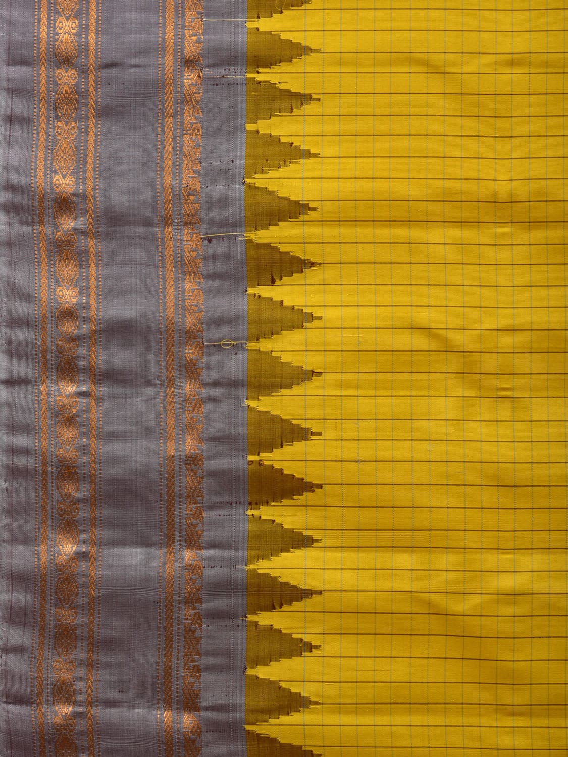 Yellow and Grey Gadwal Silk Handloom Saree with Checks and Temple Border Design g0328