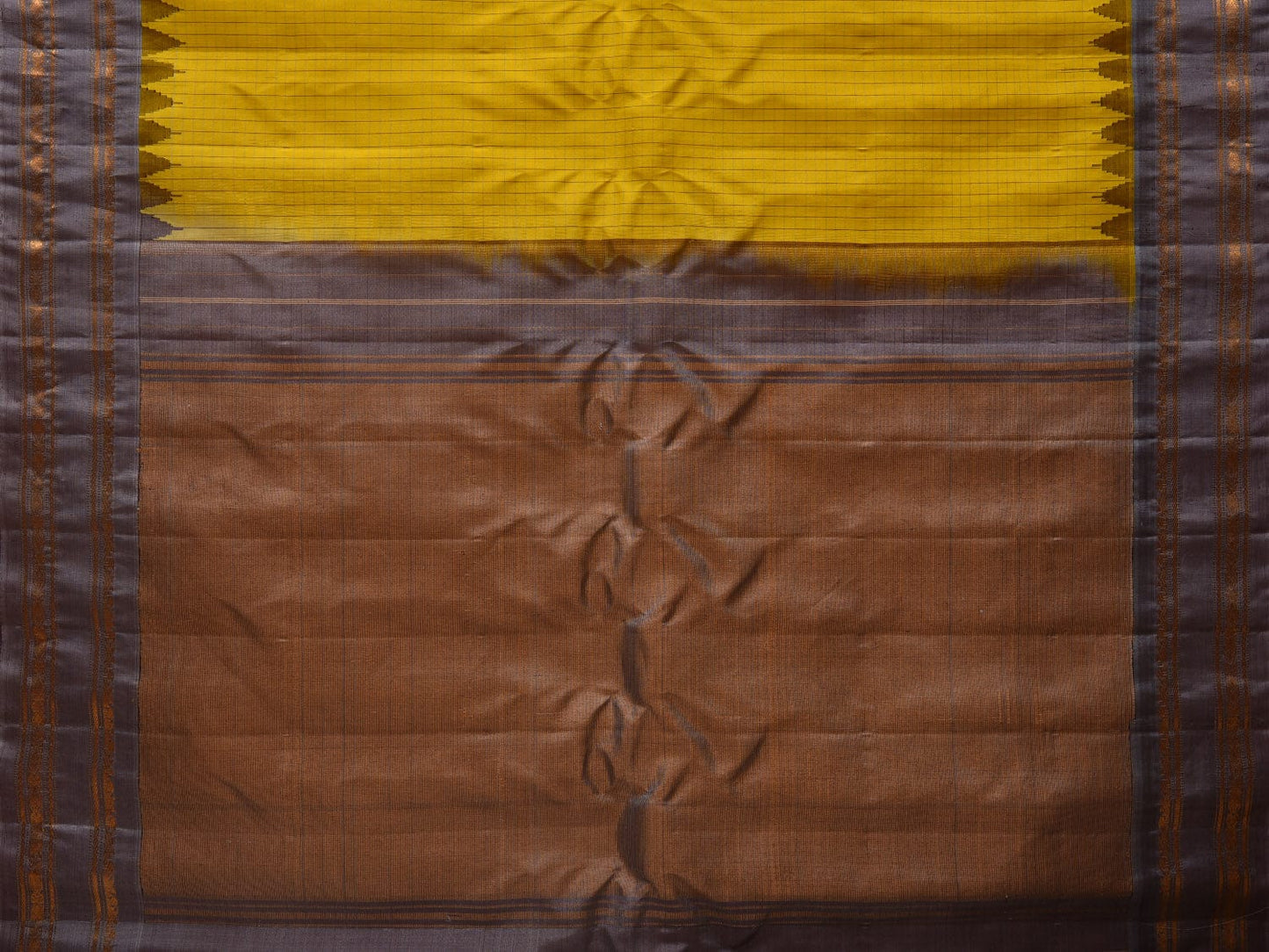 Yellow and Grey Gadwal Silk Handloom Saree with Checks and Temple Border Design g0328