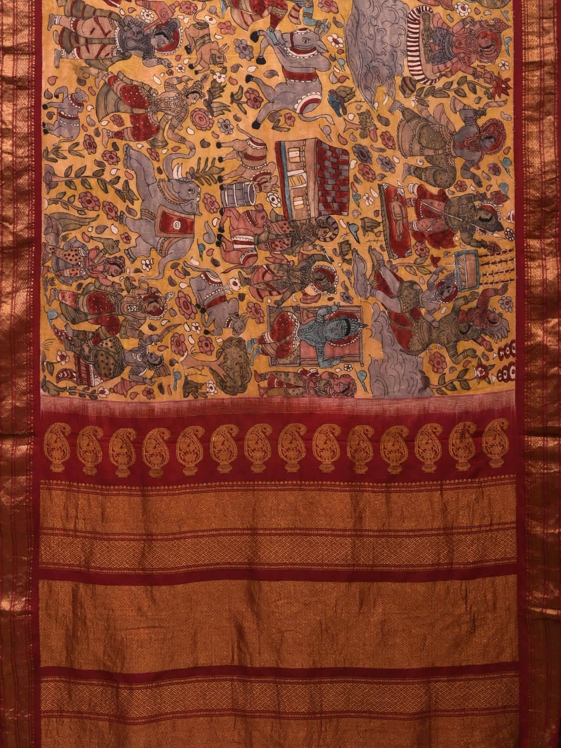 Yellow and Maroon Kalamkari Hand Painted Gadwal Silk Handloom Saree with Village Theme Design KL0696