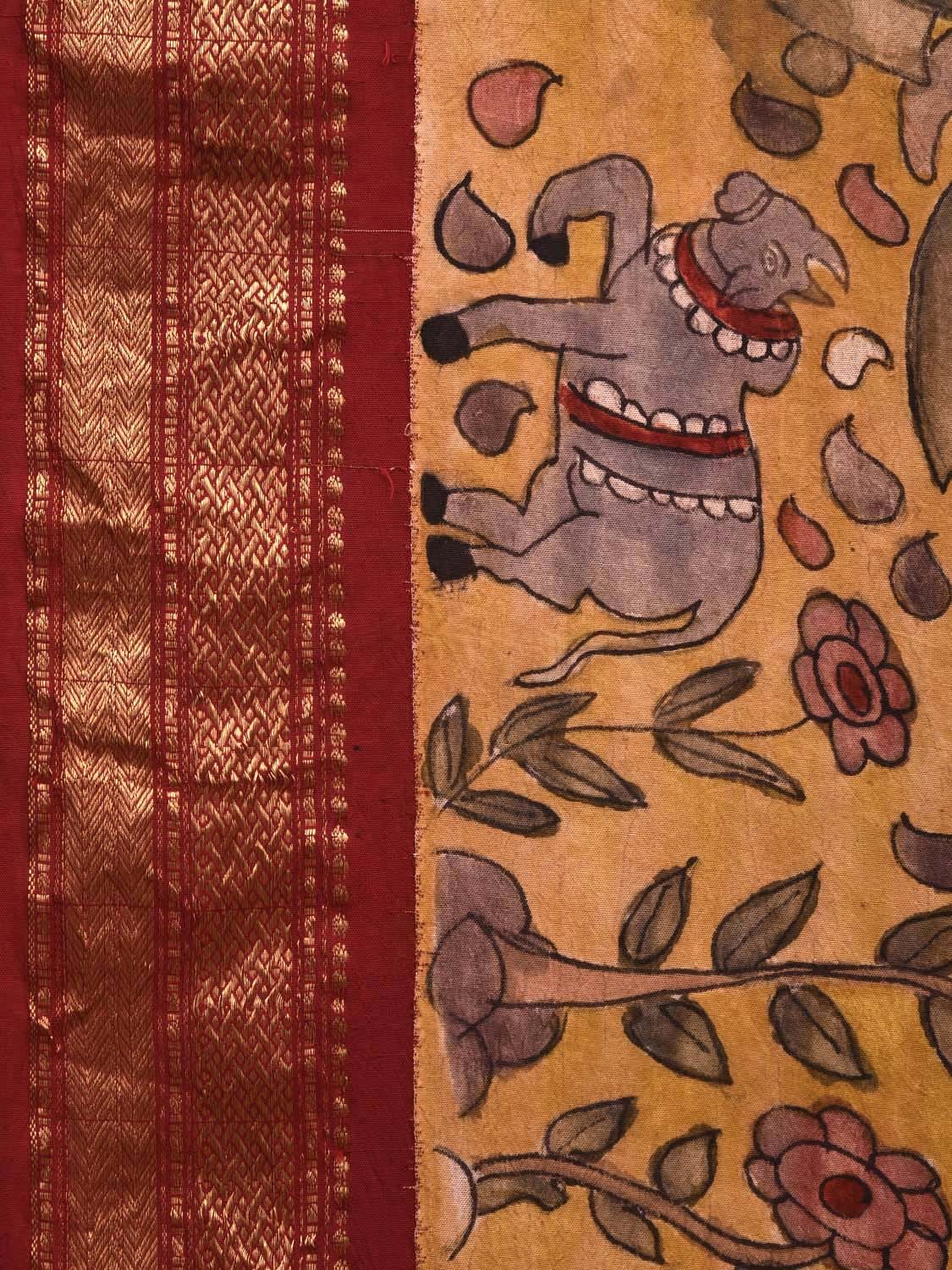 Yellow and Maroon Kalamkari Hand Painted Gadwal Silk Handloom Saree with Village Theme Design KL0696