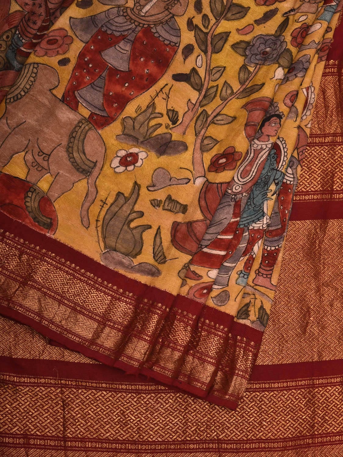 Yellow and Maroon Kalamkari Hand Painted Gadwal Silk Handloom Saree with Village Theme Design KL0696