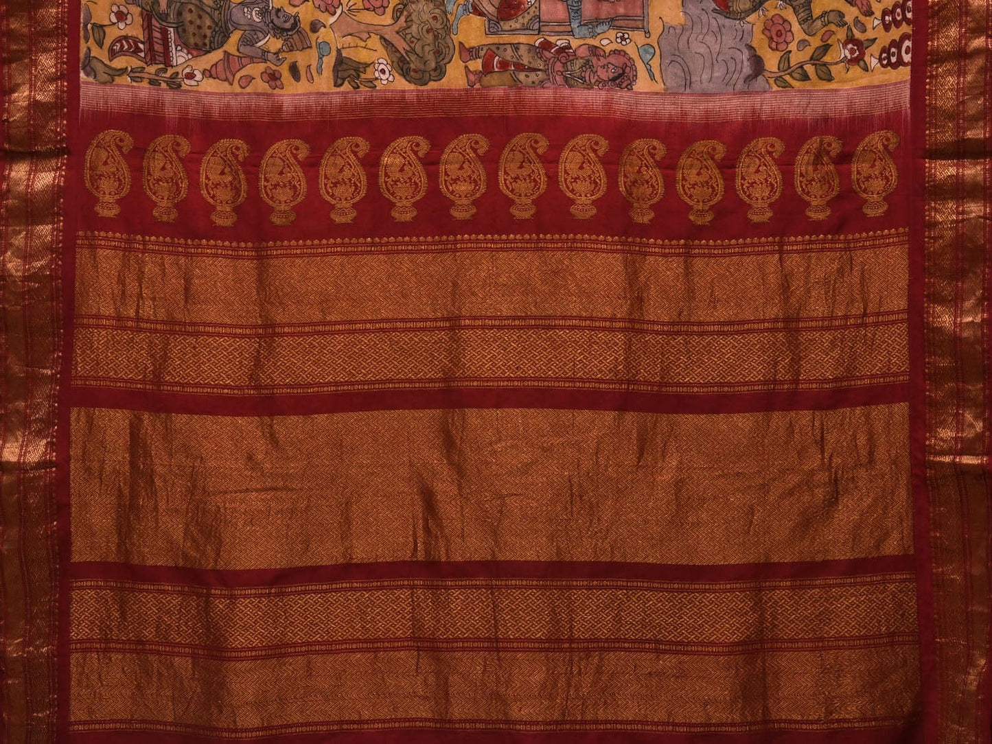 Yellow and Maroon Kalamkari Hand Painted Gadwal Silk Handloom Saree with Village Theme Design KL0696