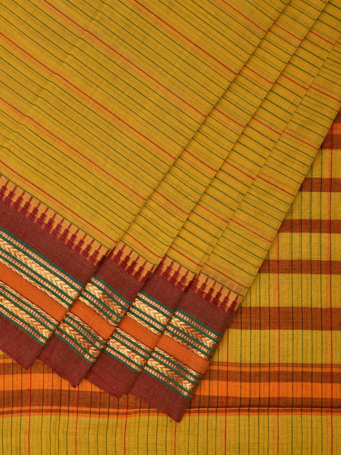 Yellow and Maroon Narayanpet Cotton Handloom Saree with Strips Design No Blouse np1010