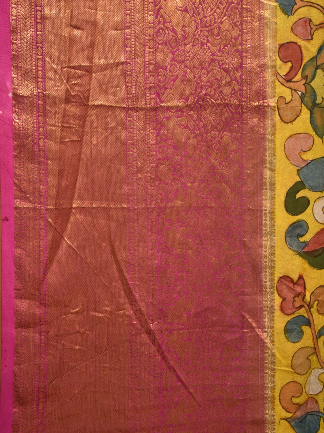 Yellow and Navy Bandhani Kanchipuram Silk Handloom Saree with Body Kalamkari Design bn0487