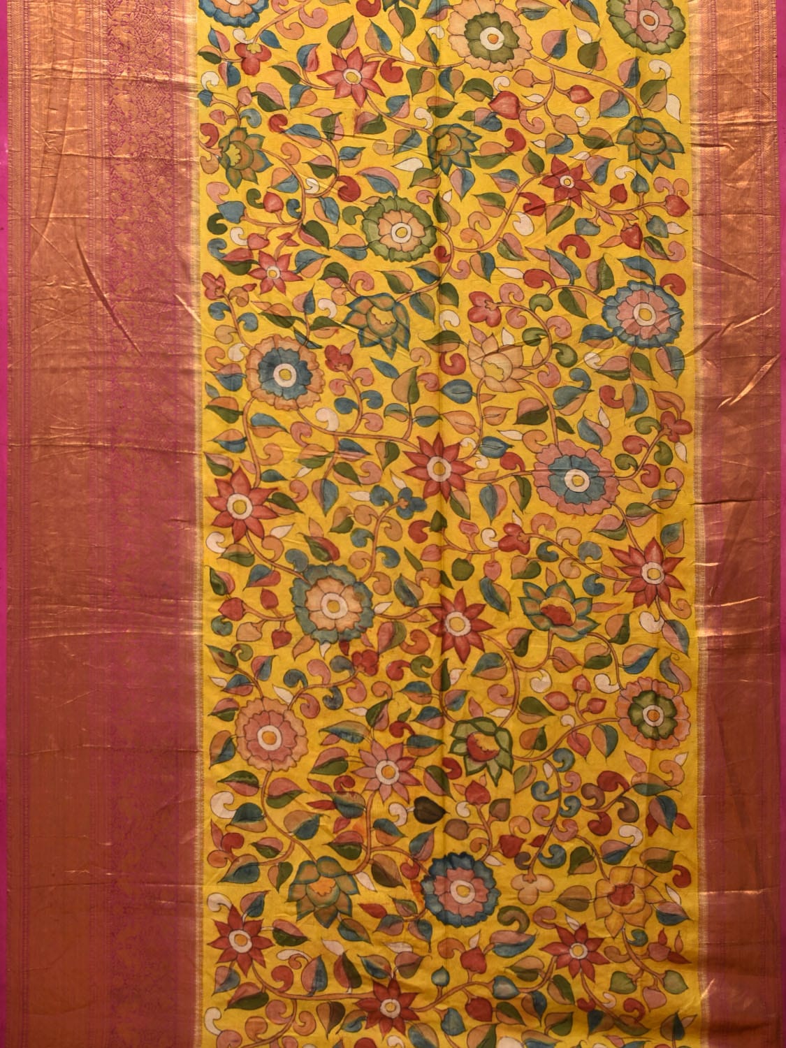 Yellow and Navy Bandhani Kanchipuram Silk Handloom Saree with Body Kalamkari Design bn0487
