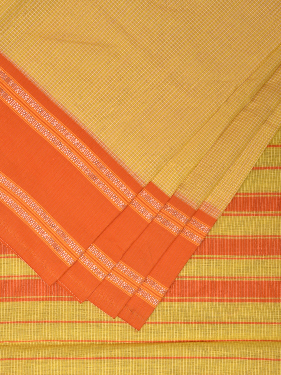 Yellow and Orange Bamboo Cotton Saree with Strips Design No Blouse bc0338