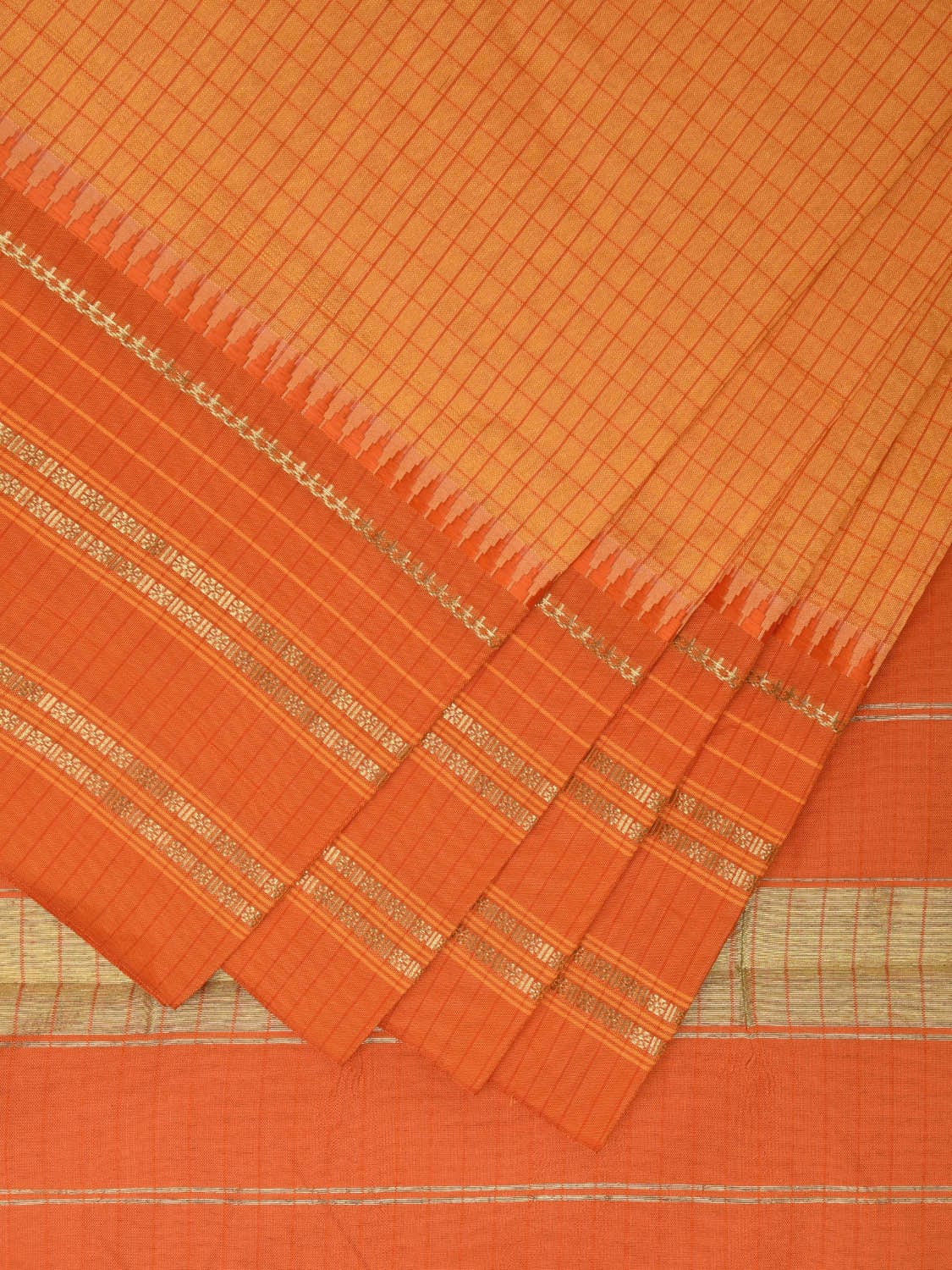 Yellow and Orange Bamboo Cotton Viscose Silk Saree with Checks Design No Blouse bc0369