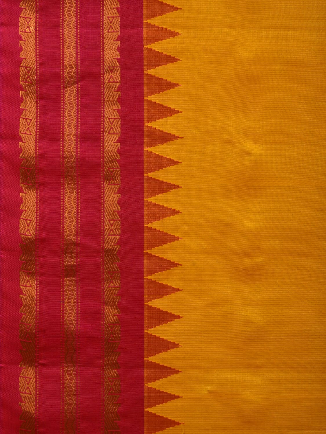Yellow and Pink Gadwal Silk Handloom Plain Saree with Temple Border Design g0327