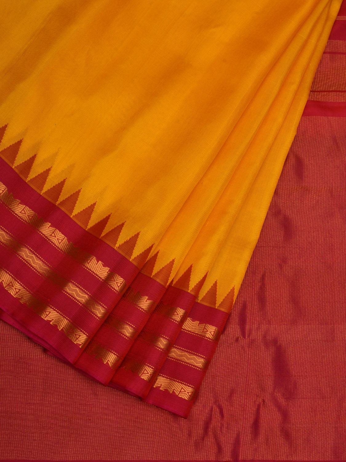 Yellow and Pink Gadwal Silk Handloom Plain Saree with Temple Border Design g0327