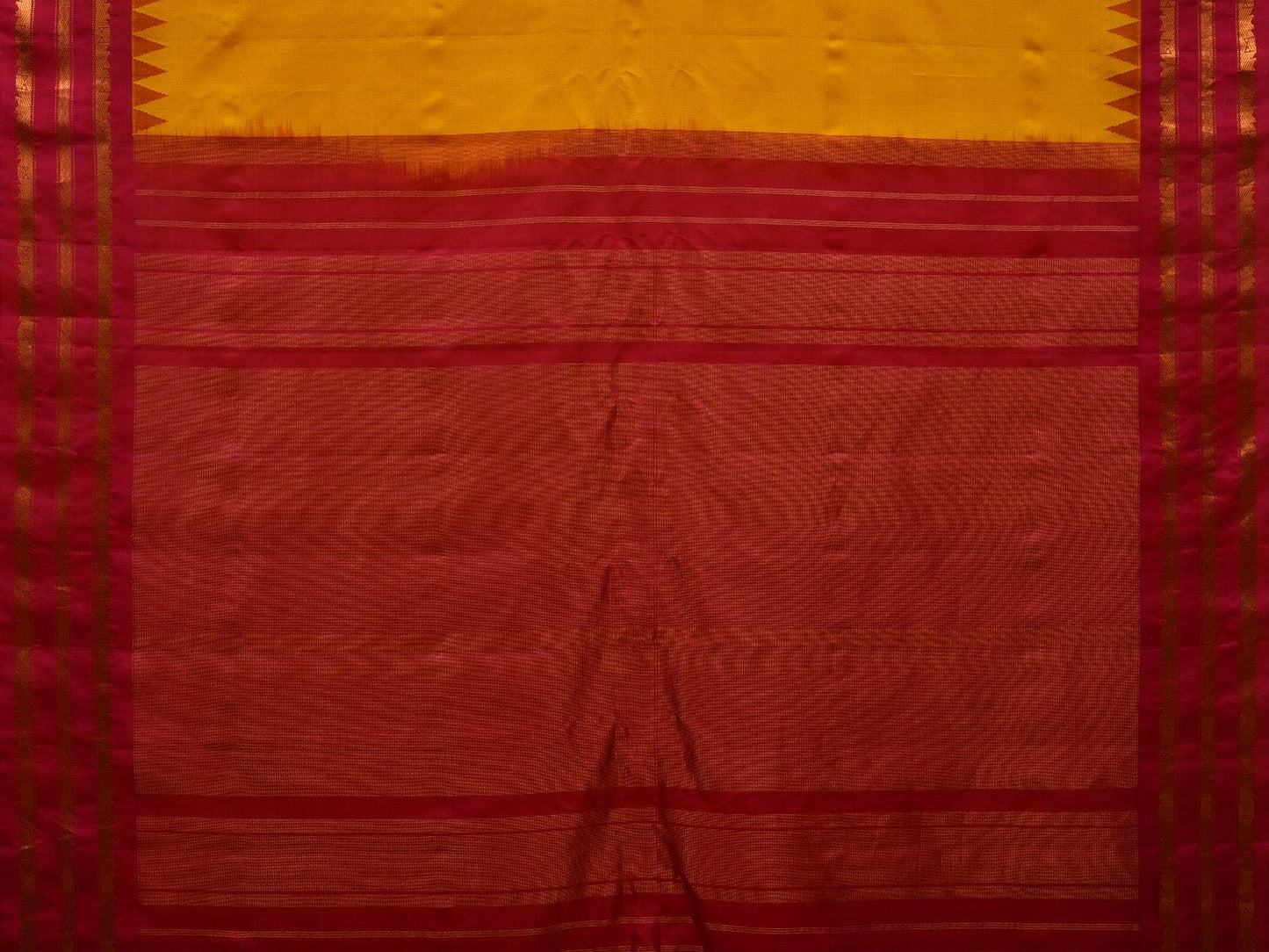 Yellow and Pink Gadwal Silk Handloom Plain Saree with Temple Border Design g0327