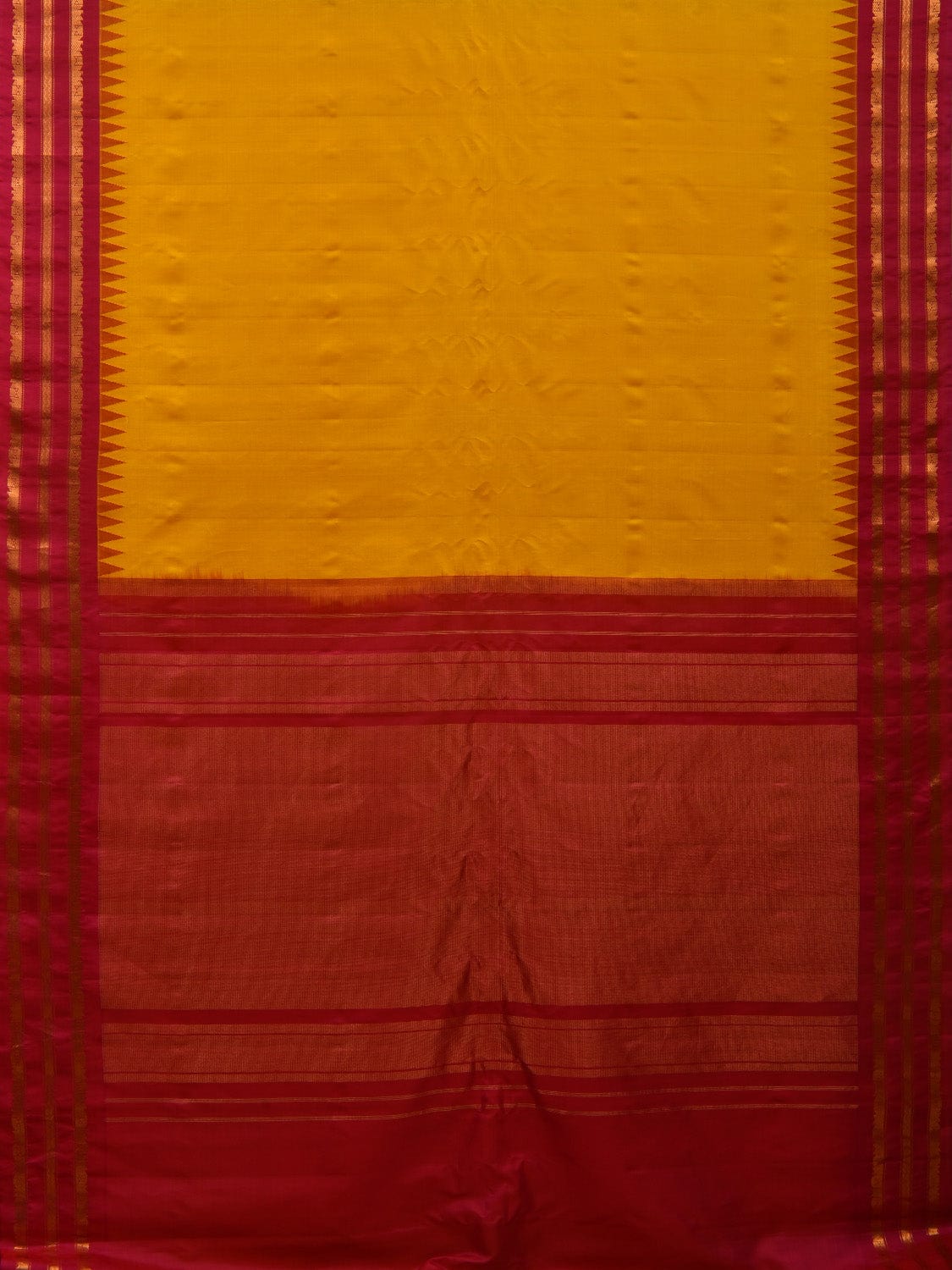 Yellow and Pink Gadwal Silk Handloom Plain Saree with Temple Border Design g0327