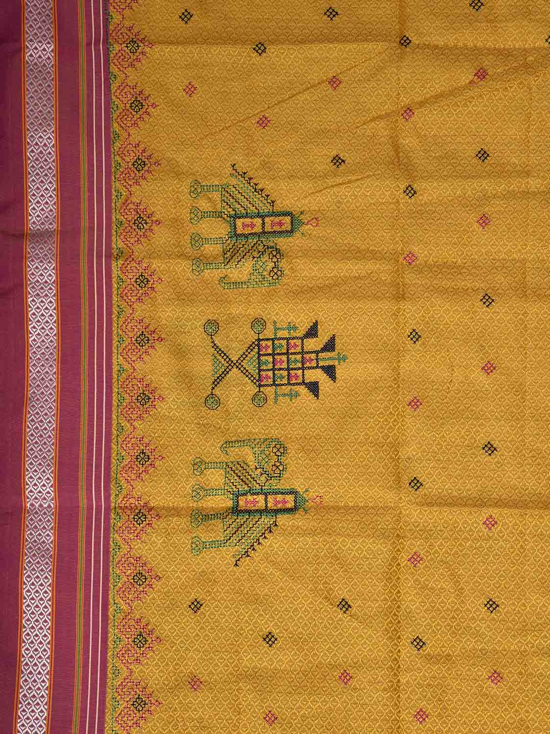 Yellow and Pink Kasuti Viscose Blouse with Elephant Design Length 1mt Width 44 Inches BL0149