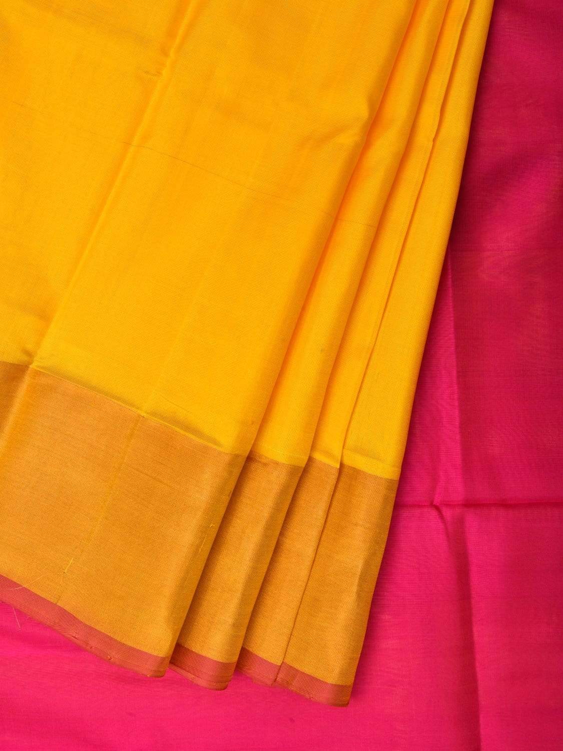 Yellow and Pink Uppada Silk Handloom Plain Saree with Contrast Pallu Design u1756