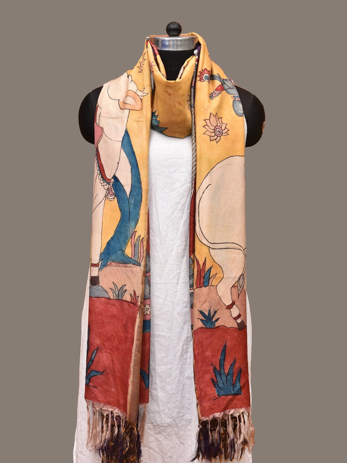 Yellow and Purple Kalamkari Hand Painted Kanchipuram Silk Handloom Dupatta with Krishna and Cow Design ds3240
