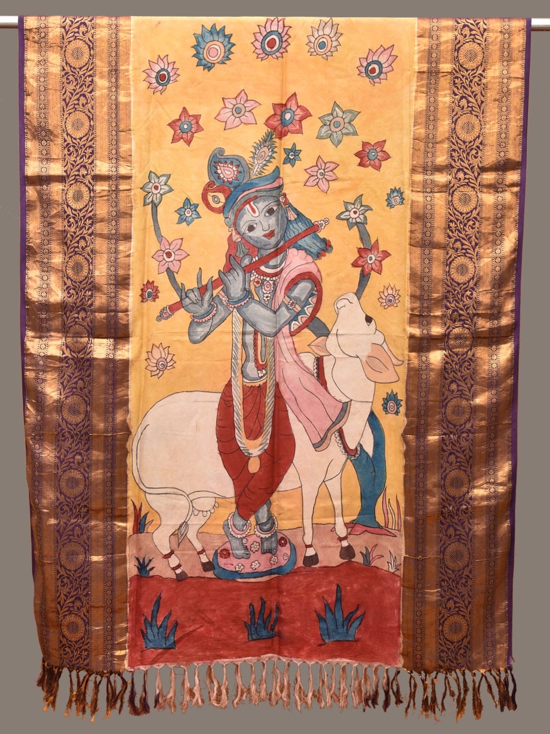 Yellow and Purple Kalamkari Hand Painted Kanchipuram Silk Handloom Dupatta with Krishna and Cow Design ds3240