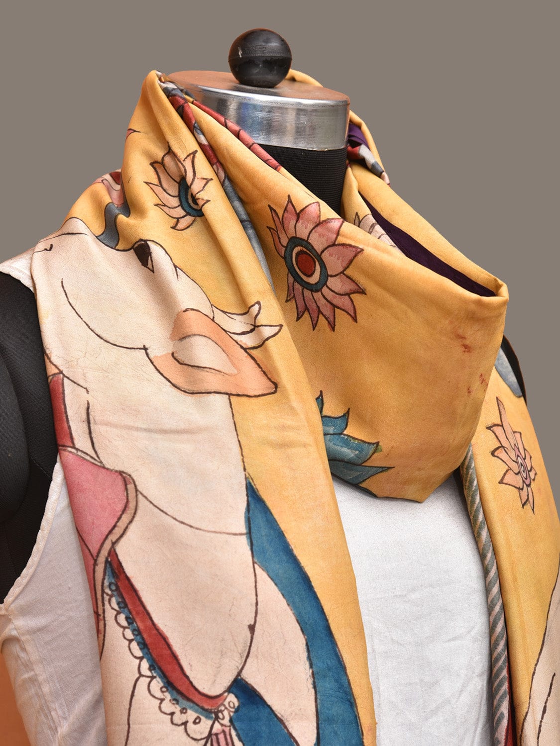 Yellow and Purple Kalamkari Hand Painted Kanchipuram Silk Handloom Dupatta with Krishna and Cow Design ds3240