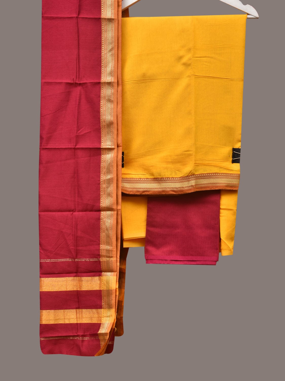 Yellow and Red Bamboo Cotton Fabric and Dupatta with Zari Border Design f0250