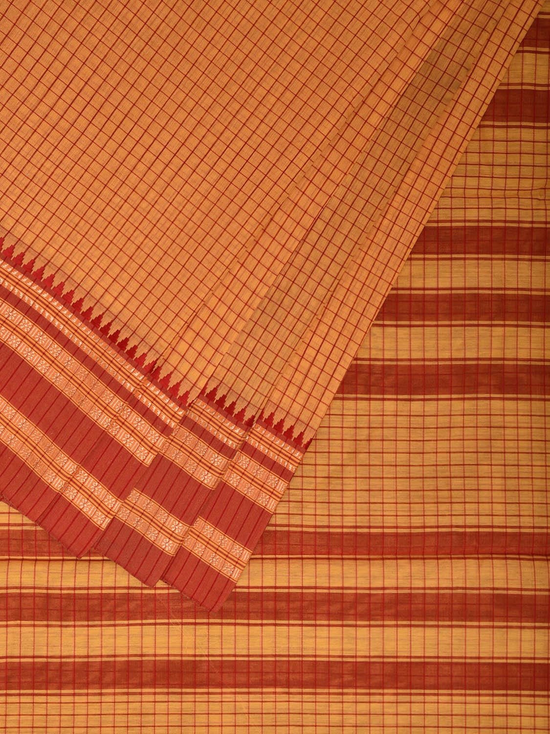 Yellow and Red Bamboo Cotton Saree with Checks Design No Blouse bc0794